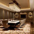 Luxury Conference Room Interior Design With Large Table Crystal Chandelier Wooden Bookcases And Patterned Carpet