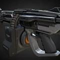 3D Rendered Futuristic Sci Fi Weapon With Black Metal Mechanical Structure And Orange Accent