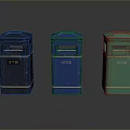 Three Different Colored Litter Bins with Litter Sign Dark Blue Blue and Green