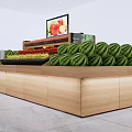 Wooden Display Shelf with Various Fresh Fruits Arranged and Screen Showing Fruit