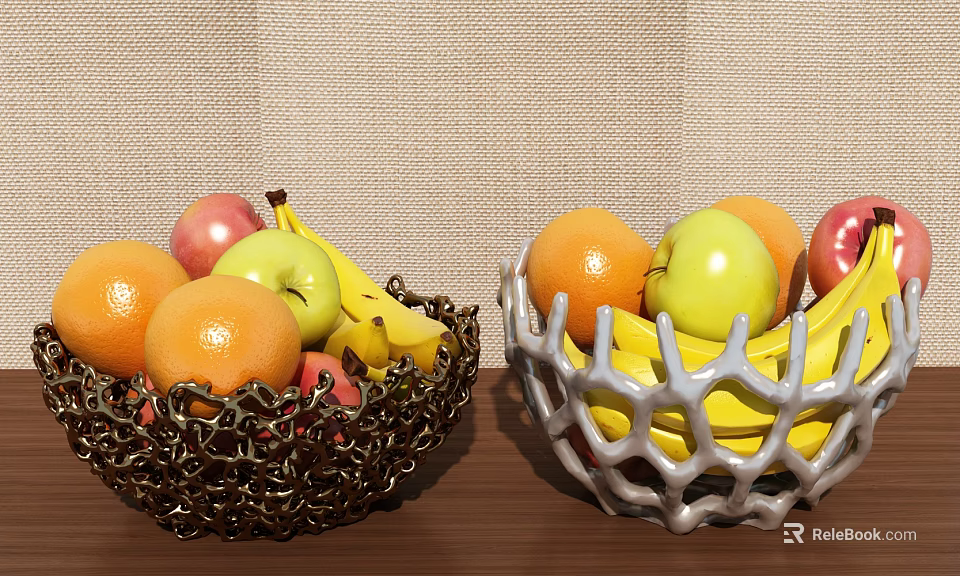Fresh Oranges Apples And Bananas In Decorative Fruit Baskets On Wooden Table 3d model 