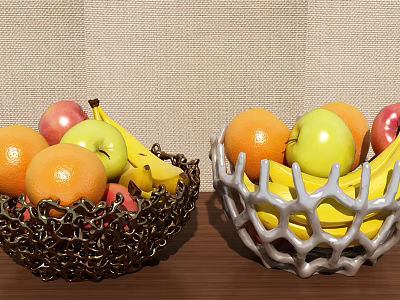 Fresh Oranges Apples And Bananas In Decorative Fruit Baskets On Wooden Table 3d model