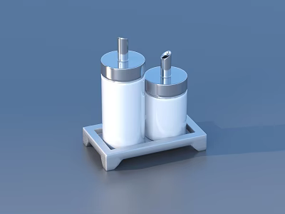 Stylish White Salt And Pepper Shakers With Silver Lids On Gray Tray For Home Kitchen 3d model