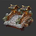Traditional Chinese Architectural Bridge Model With Curved Roofs Red Gold Decorations And Stone Railings