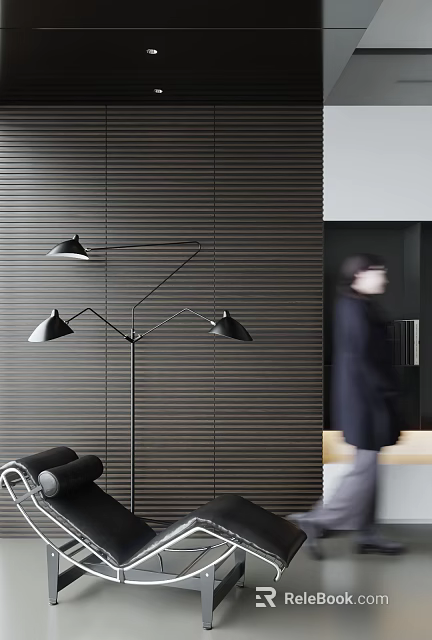 Woman in dark coat with blurry back near black floor lamp and grey striped wall 3d model 