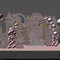 Pink Themed Photo Taking Spot With Castle Rainbow Rabbit Dolls Balloons For Baby's 100th Day
