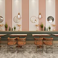 Bright Modern Restaurant Interior With Tables Chairs Hanging Lights Decorative Paintings And Counter