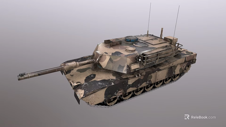 Military Tank With Camouflage Paint Long Cannon Barrel Antennas And Tracks 3d model 