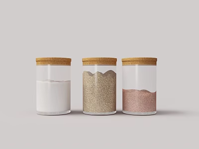 Transparent Glass Spice Jars With Wooden Lids Containing Three Different Spices Powders And Grains 3d model
