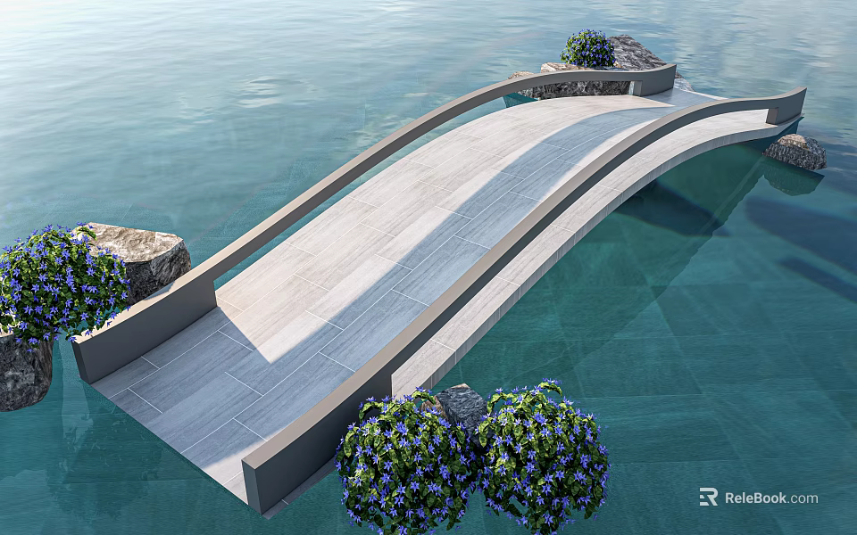 Landscape Bridge Over Water With Light Colored Deck Stone Pedestals And Purple Flowers 3d model 