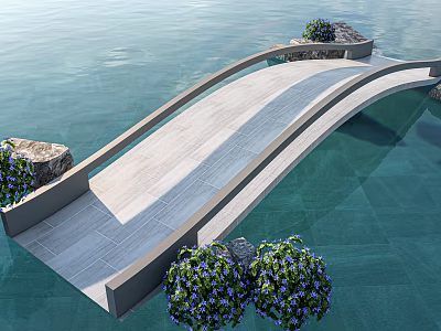 Landscape Bridge Over Water With Light Colored Deck Stone Pedestals And Purple Flowers 3d model