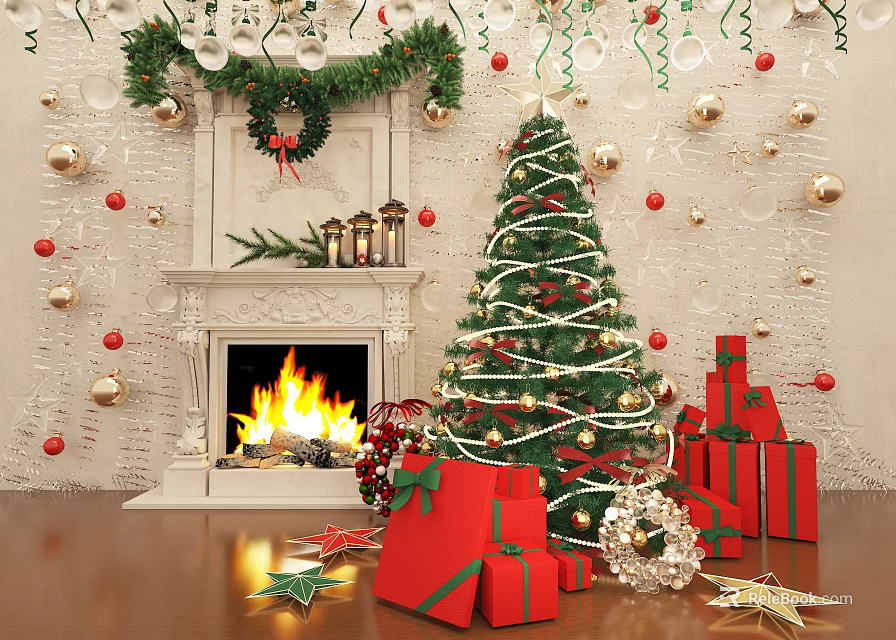Christmas Themed Art Installation With Fireplace Burning Fire Christmas Tree And Gift Boxes 3d model 