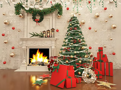Christmas Themed Art Installation With Fireplace Burning Fire Christmas Tree And Gift Boxes 3d model