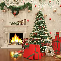 Christmas Themed Art Installation With Fireplace Burning Fire Christmas Tree And Gift Boxes