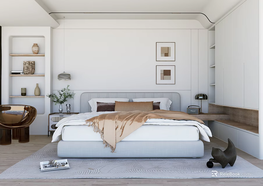 Minimalist Bedroom Interior Design With White Bed Pillows Throw Blanket Framed Artworks And Area Rug 3d model 