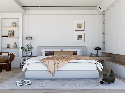 Minimalist Bedroom Interior Design With White Bed Pillows Throw Blanket Framed Artworks And Area Rug 3d model