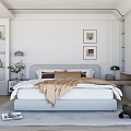 Minimalist Bedroom Interior Design With White Bed Pillows Throw Blanket Framed Artworks And Area Rug