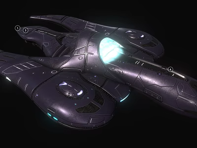 Futuristic Interstellar Spaceship With Glowing Engine And Multiple Dark Metallic Aerodynamic Wings 3d model