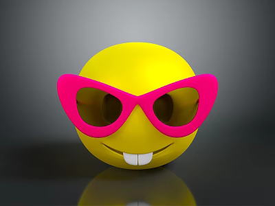 Yellow Smiley Face Wearing Pink Sunglasses On Gray Background With Reflection 3d model