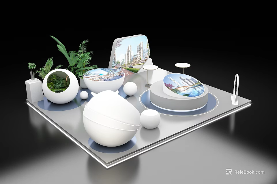 Modern Display Shelves With White Spherical Decor Green Plants And Circular Show Platforms 3d model 