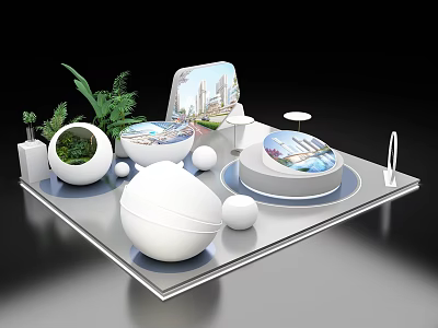 Modern Display Shelves With White Spherical Decor Green Plants And Circular Show Platforms 3d model