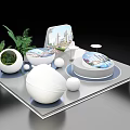 Modern Display Shelves With White Spherical Decor Green Plants And Circular Show Platforms