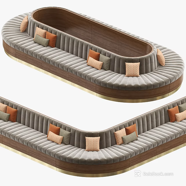 Curved Sectional Sofa With Gray Velvet Upholstery And Colorful Accent Cushions On Wooden Frame 3d model 