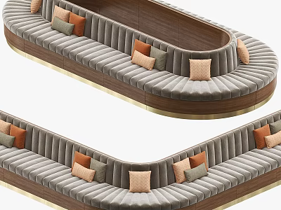 Curved Sectional Sofa With Gray Velvet Upholstery And Colorful Accent Cushions On Wooden Frame 3d model