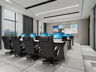 Modern Monitoring Room Interior With Multiple Screens Control Desks And Office Chairs 3d model