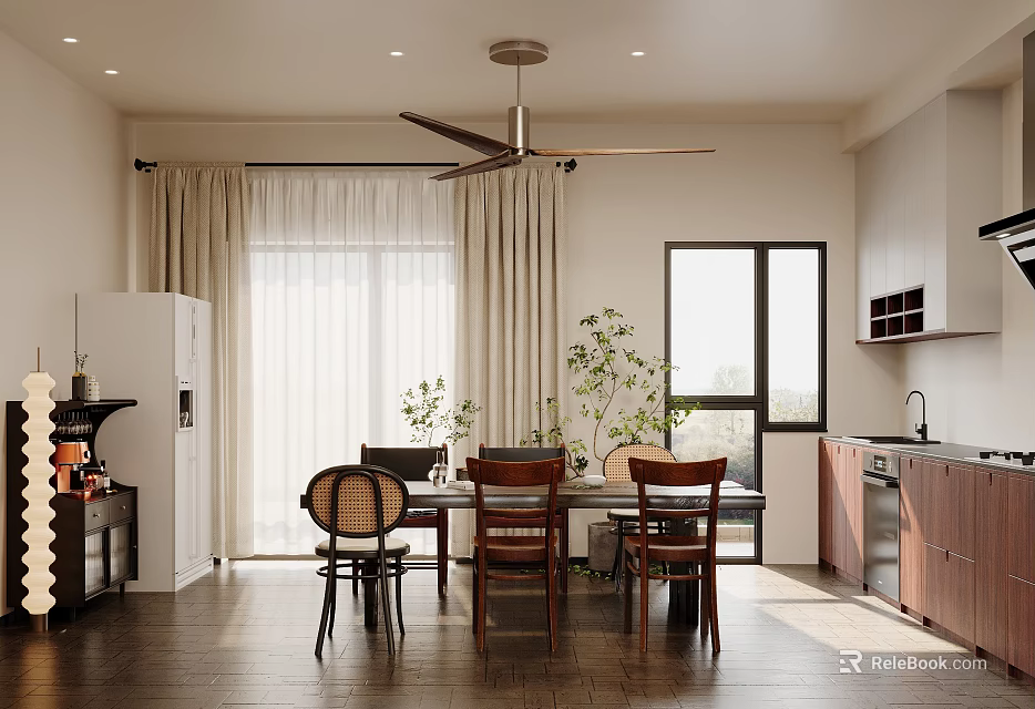 Cozy Restaurant Interior Design With Dining Table Chairs Ceiling Fan Plants And Large Windows 3d model 