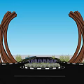 Modern Curved Orange Metal Entrance Gate With Fountain Plants And Mountain View Landscape