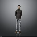 Man In Casual Turtleneck Sweater Light Blue Jeans And Brown Shoes Standing On Gray Background
