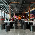 Industrial Style Restaurant Interior With Copper Pipes Green Plant Wall Round Tables And Black Stools