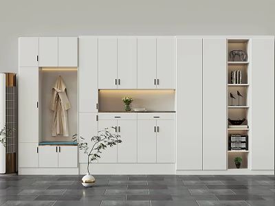Modern White Shoe Cabinet With Clothing Hanging Area Countertop And Open Shelves 3d model
