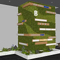 Indoor Green Wall Landscape With Wooden Shelves And Cooperation Center Signs