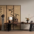 Traditional Chinese Console Table With Bamboo Calligraphy Screen Stone Ornaments And Flower Vase