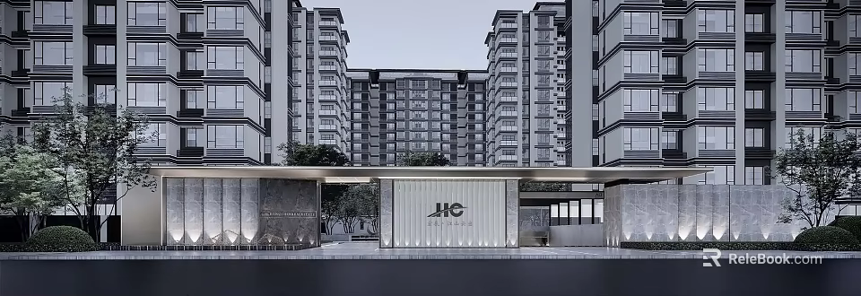 Modern Building Facade of High Rise Residential Complex With Glass Stone Design and Greenery 3d model 
