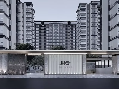 Modern Building Facade of High Rise Residential Complex With Glass Stone Design and Greenery 3d model