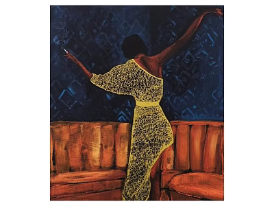 Black Woman In Yellow Lace Dress Dancing Before Brown Couch With Dark Blue Geometric Patterns 3d model