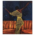 Black Woman In Yellow Lace Dress Dancing Before Brown Couch With Dark Blue Geometric Patterns