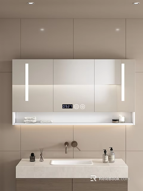 Modern Bathroom Cabinet with Mirror LED Lights Digital Clock and Storage Shelf 3d model 