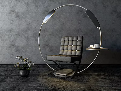 Modern Single-Seater Armchair With Circular Metal Frame Lamp Side Table And Orchid Plant 3d model