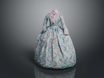 Vintage Light Blue Floral Pattern Dress With Lace Collar And Flared Skirt 3d model