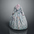 Vintage Light Blue Floral Pattern Dress With Lace Collar And Flared Skirt