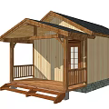 Rustic Wooden Cabin Featuring Black Roof Porch Railings Steps And Stone Foundation