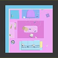 Cartoon Style Room Scene With Blue Walls Pink Curtains Dresser Sofa TV And Rug