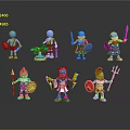 Game Movie Characters Cartoon 3D Style With Armor Shield Sword Spear And Cloak