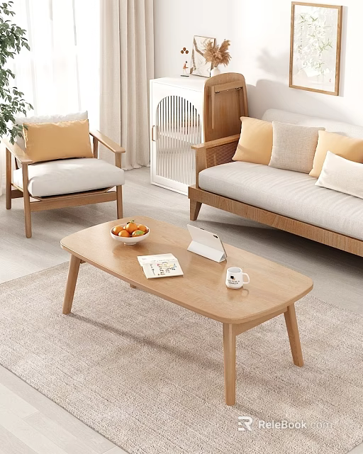 Light Wood Coffee Table in Cozy Living Room with Fruit Bowl Magazine Cup and Tablet 3d model 