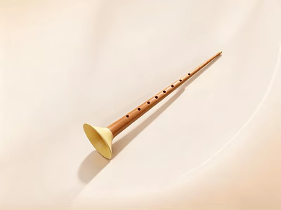 Wooden Recorder Musical Instrument With Finger Holes And Yellow Bell On Light Background 3d model