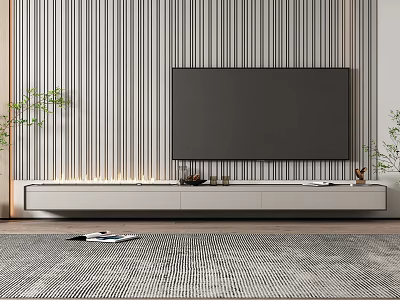 Minimalist Living Room Light Colored TV Stand Against Striped Wall With Decorative Items 3d model